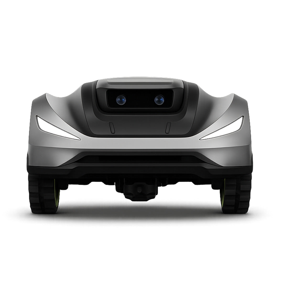 Front view of a robotic lawn mower with two visible camera lenses on the front hood, shown on a clean white background.
