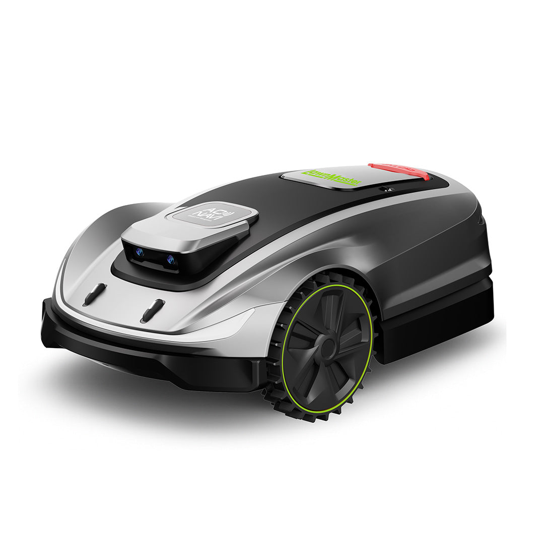 A modern robotic lawn mower with a sleek black and silver body, featuring a top-mounted sensor array, a black wheel with a bright green accent ring, and a red and green button panel on top, shown on a clean white background.