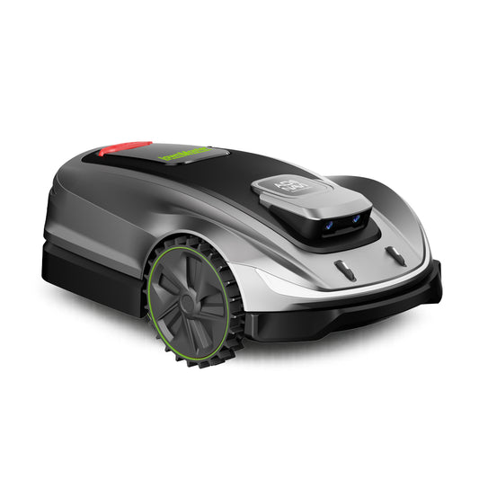 A modern robotic lawn mower with a sleek dark gray and black design, featuring a prominent front-facing camera module, a side brush cutter wheel with green accents, and a top deck with red and green buttons, shown on a plain white background.