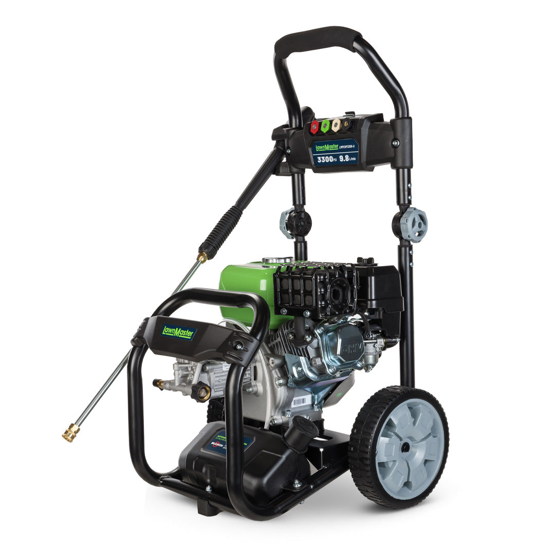 Pressure washer with visible LawnMaster brand logo on a white background