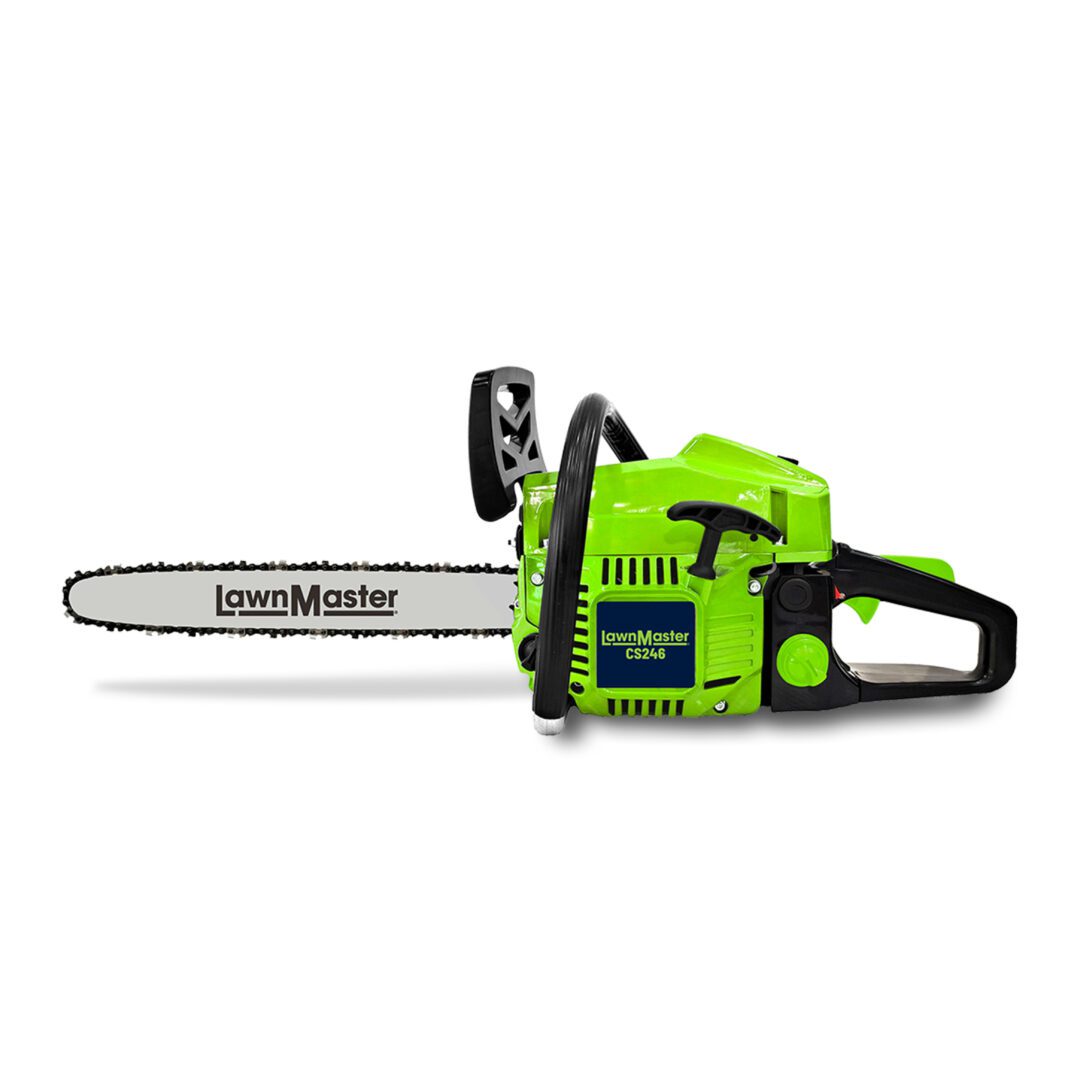 A 18" LawnMaster brand 2 stroke petrol chainsaw with a green body, black handle, and silver chain guard.