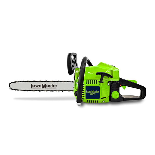 A 18" LawnMaster brand 2 stroke petrol chainsaw with a green body, black handle, and silver chain guard.