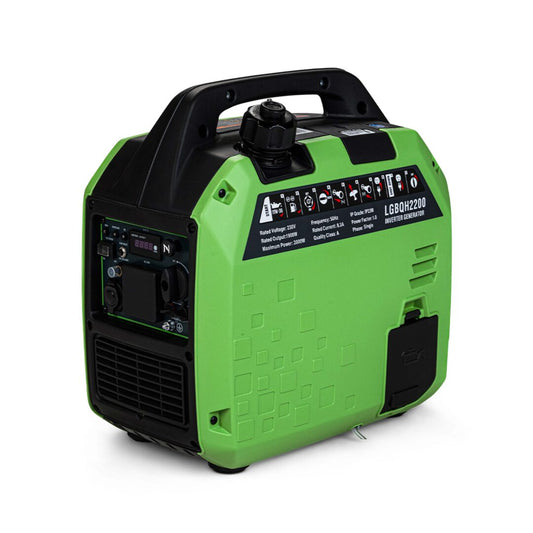 Lawnmaster Green and black portable generator on a white background