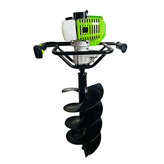 LawnMaster Garden post hole borer with green engine on a white background