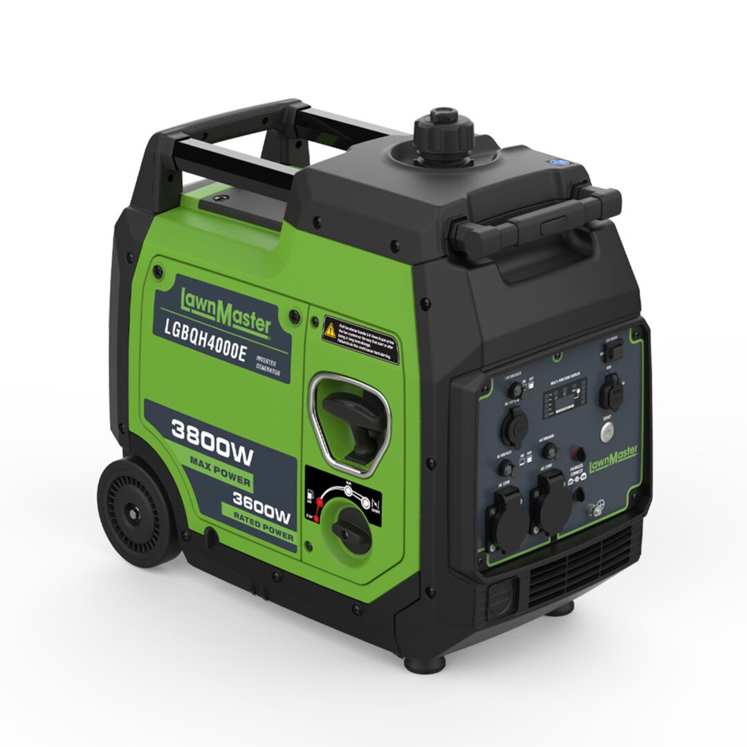Green and black portable generator on a white background