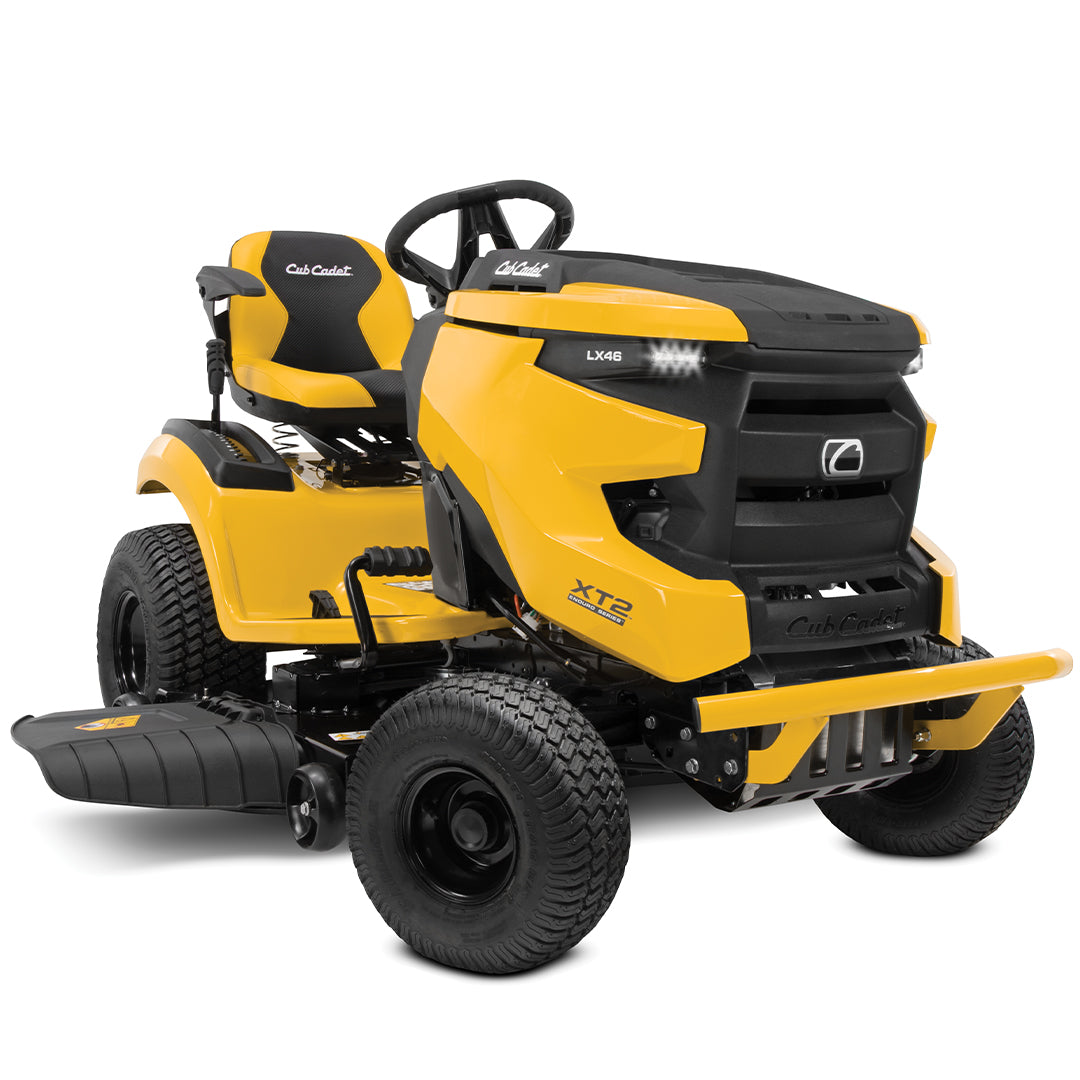 A Yellow and black LX46 Cub Cadet with fabricated deck on white background