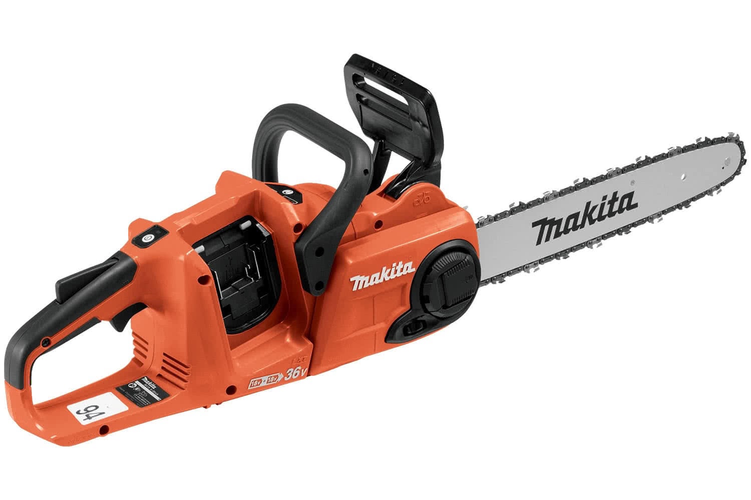 Makita Chainsaw with an orange body, black handle, and silver bar and chain.
