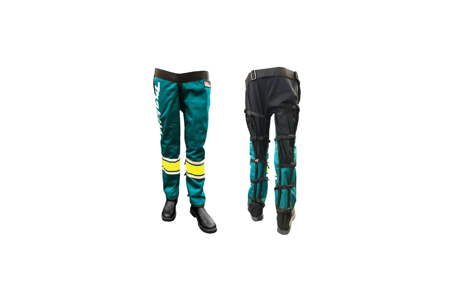 Pair of green and black chaps with yellow accents on a white background