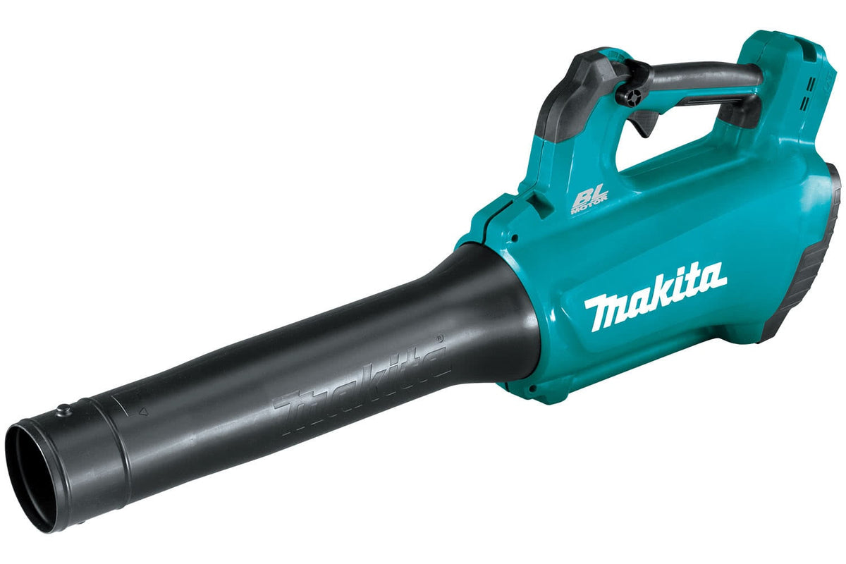 A green and black Makita 18V LXT Brushless Blower with a black nozzle and handle.