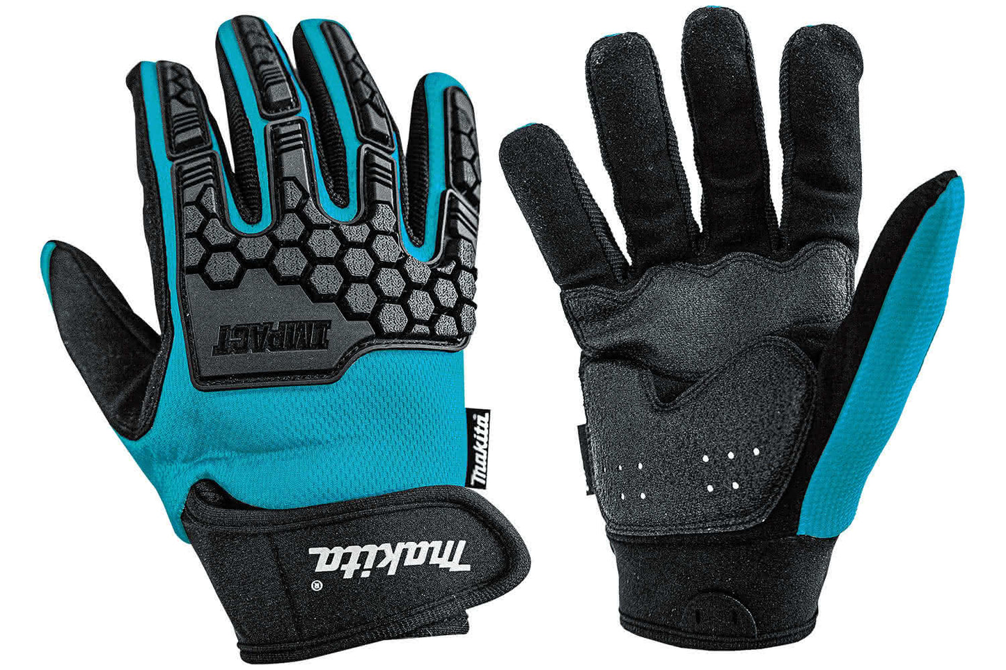 A pair of Makita Impact work gloves shown against a white background, displaying both the palm and back-of-hand views. The gloves feature a black and gray textured design with bright teal accents on the fingers, back, and wrist strap.