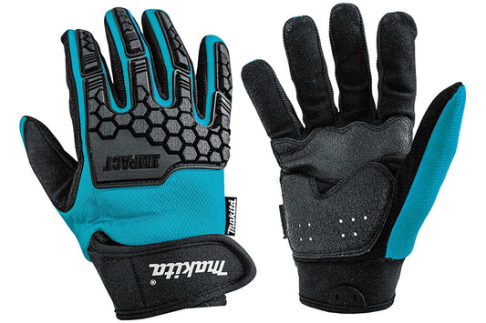 A pair of Makita Impact work gloves shown against a white background, displaying both the palm and back-of-hand views. The gloves feature a black and gray textured design with bright teal accents on the fingers, back, and wrist strap.