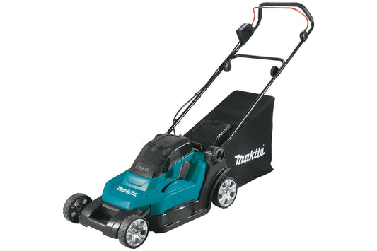 Makita brand lawn mower with a black and aqua colour scheme, featuring a black grass catcher bag.