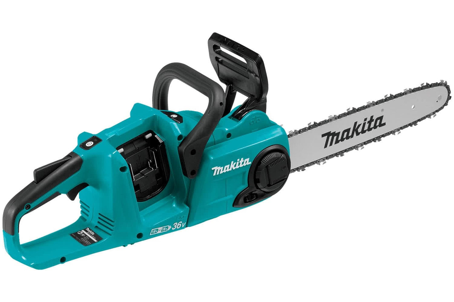 Makita 18Vx2 (36V) LXT Brushless 35cm 14-inch Chainsaw with an aqua body, black handle, and silver bar and chain.
