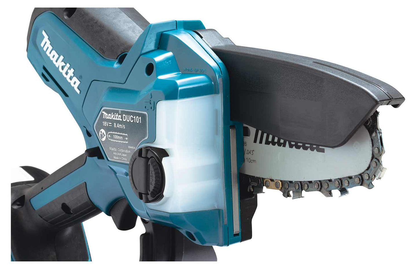 Side view of Makita pruning saw with Makita logos and saw information.