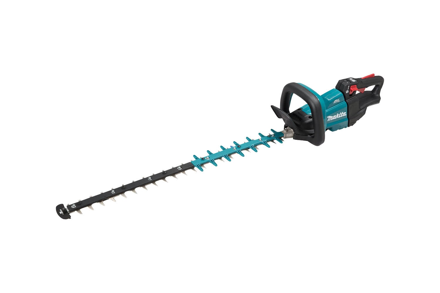 Makita DUH751RT 18V LXT Brushless 750mm Hedge Trimmer, showing a black and teal color scheme with a long blade and ergonomic handle.