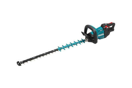 Makita DUH751RT 18V LXT Brushless 750mm Hedge Trimmer, showing a black and teal color scheme with a long blade and ergonomic handle.