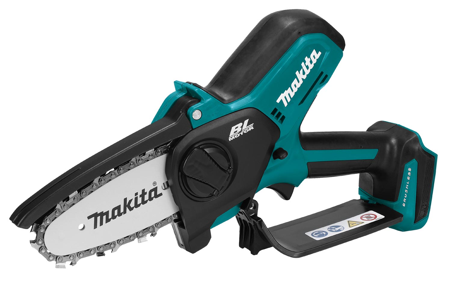 Makita 18V LXT Brushless 100mm Pruning Saw with a black and aqua color scheme on a white background.