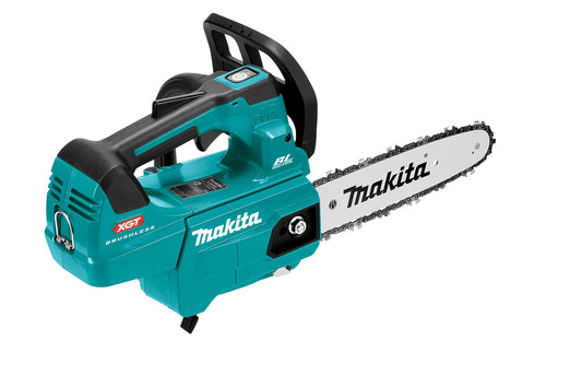Makita UC002GM103 40Vmax XGT Brushless 25cm 10" Top Handle Chainsaw , showing a teal body with black and white accents and a silver chain.