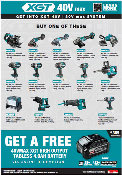 Promotional poster for XGT 40V max power tool system with various tools and battery offer.