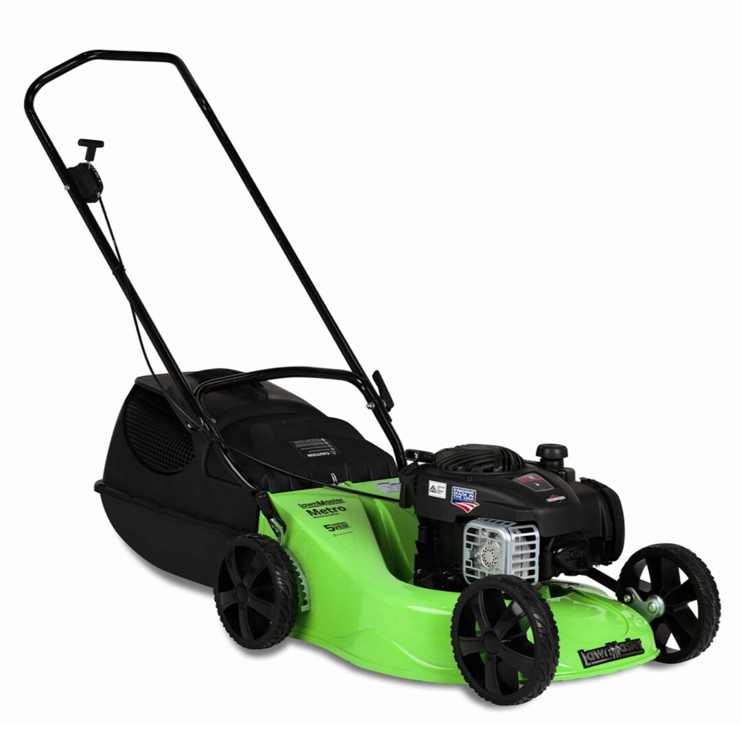 A green and black walk-behind LawnMaster lawn mower with a black handle, shown from a three-quarter angle on a white background.