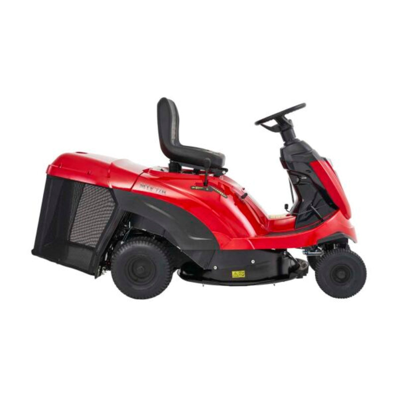 A red and black Mountfield riding lawn mower with a single seat, steering wheel, and large rear deck, shown in side profile on a plain white background.
