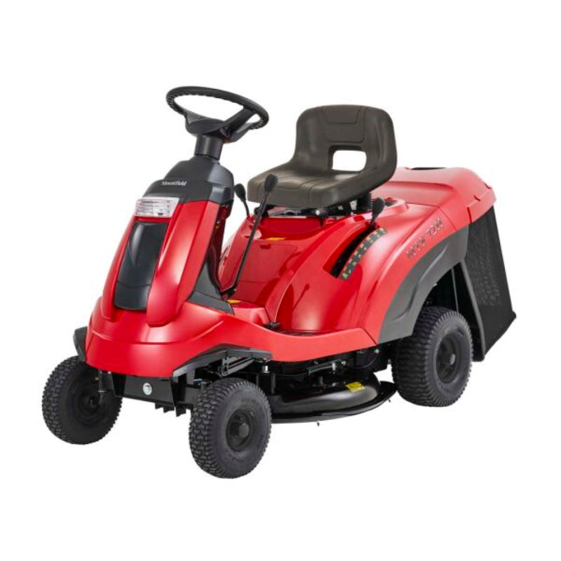 Red riding lawn mower on a white background