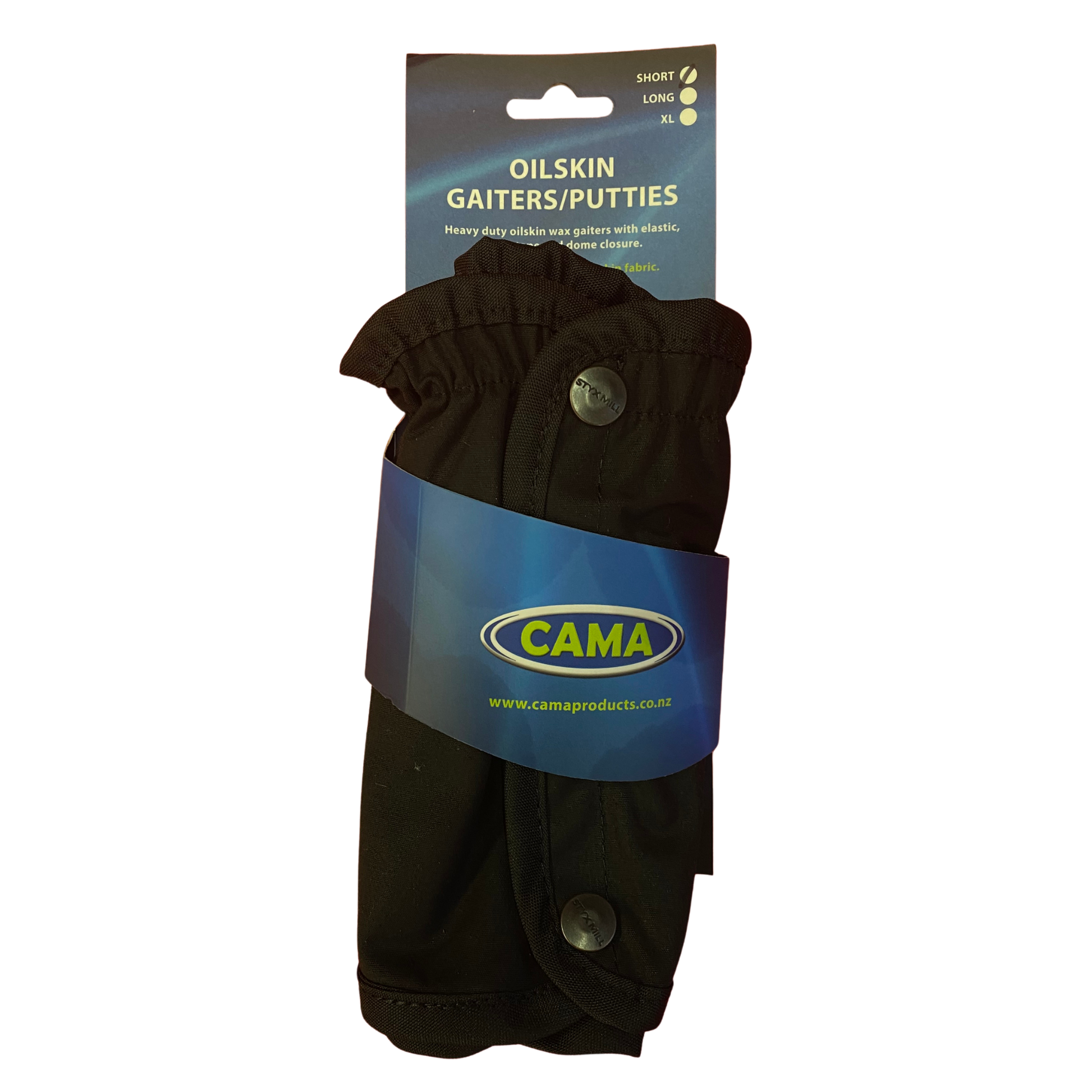 Pair of black oilskin gaiters with packaging displaying the CAMA brand on a white background.