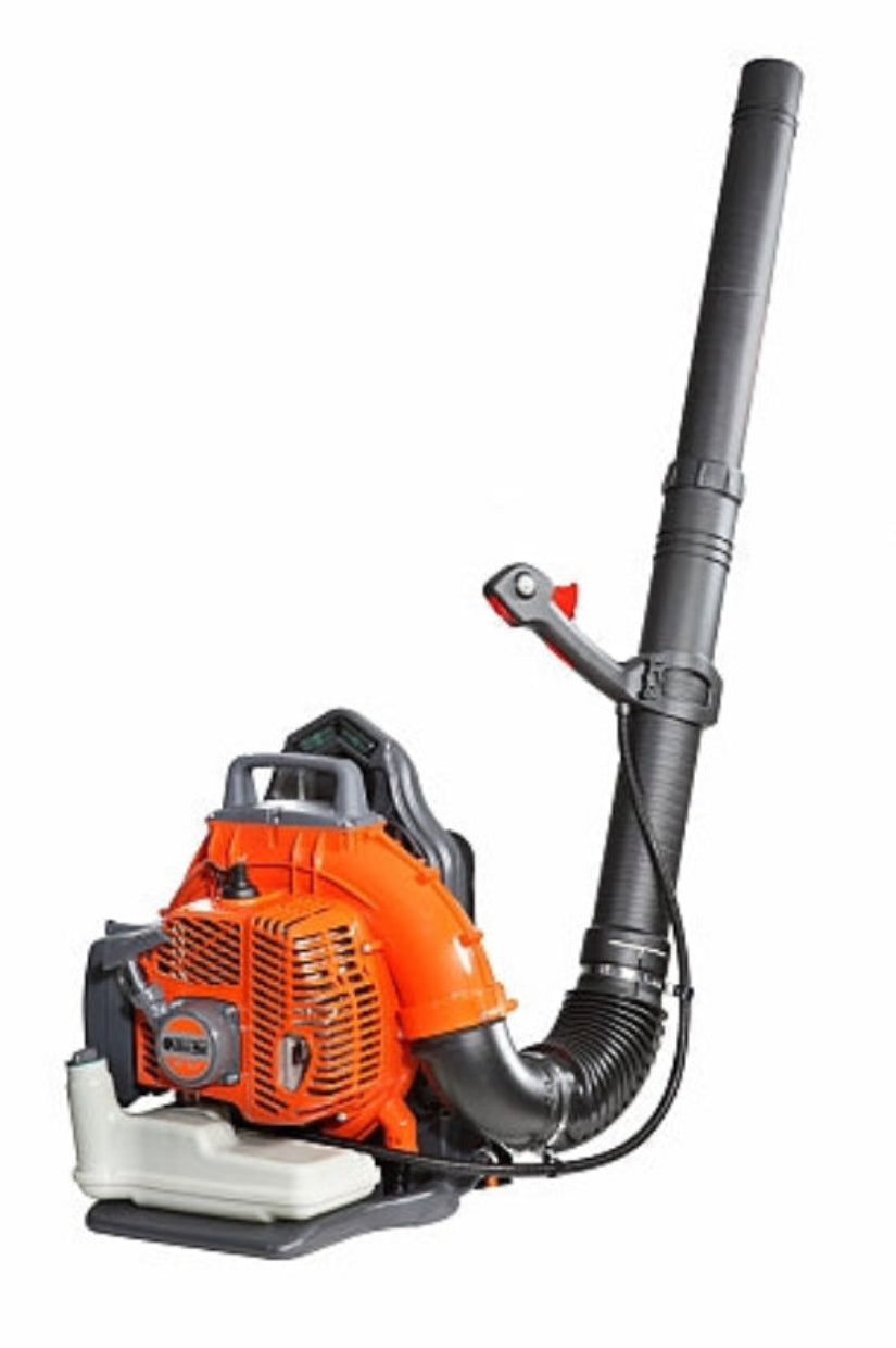 Oleo-Mac Backpack leaf blower with orange and black design on a white background