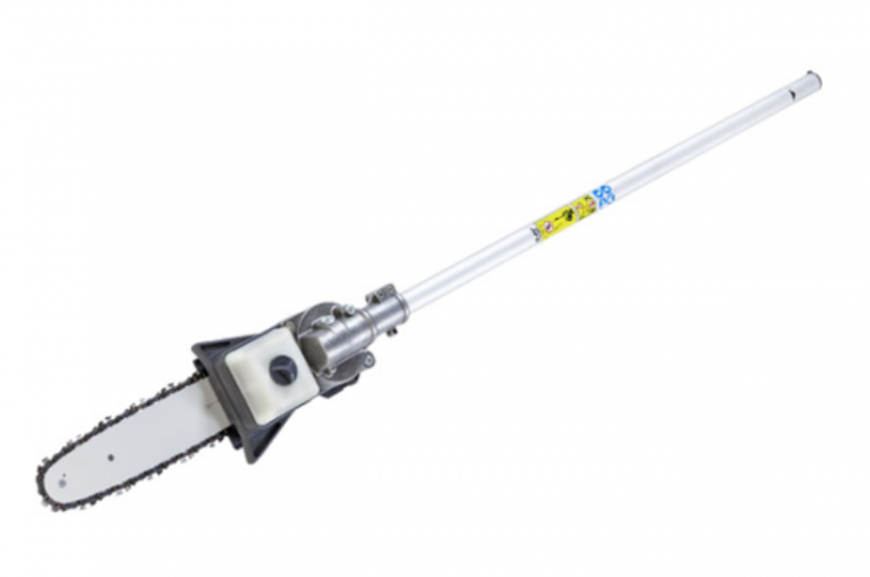 Pole pruner attachment with a white handle on a white background