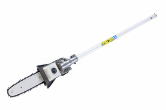 Pole pruner attachment with a white handle on a white background