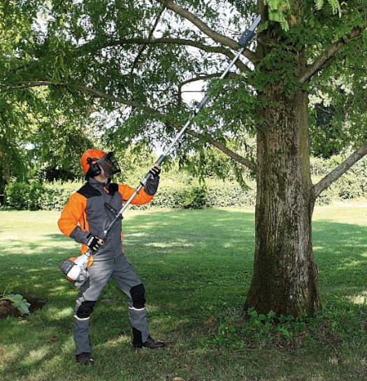 Person using a long-handled Oleo-Mac chainsaw tool to trim branches on a tree in a garden setting