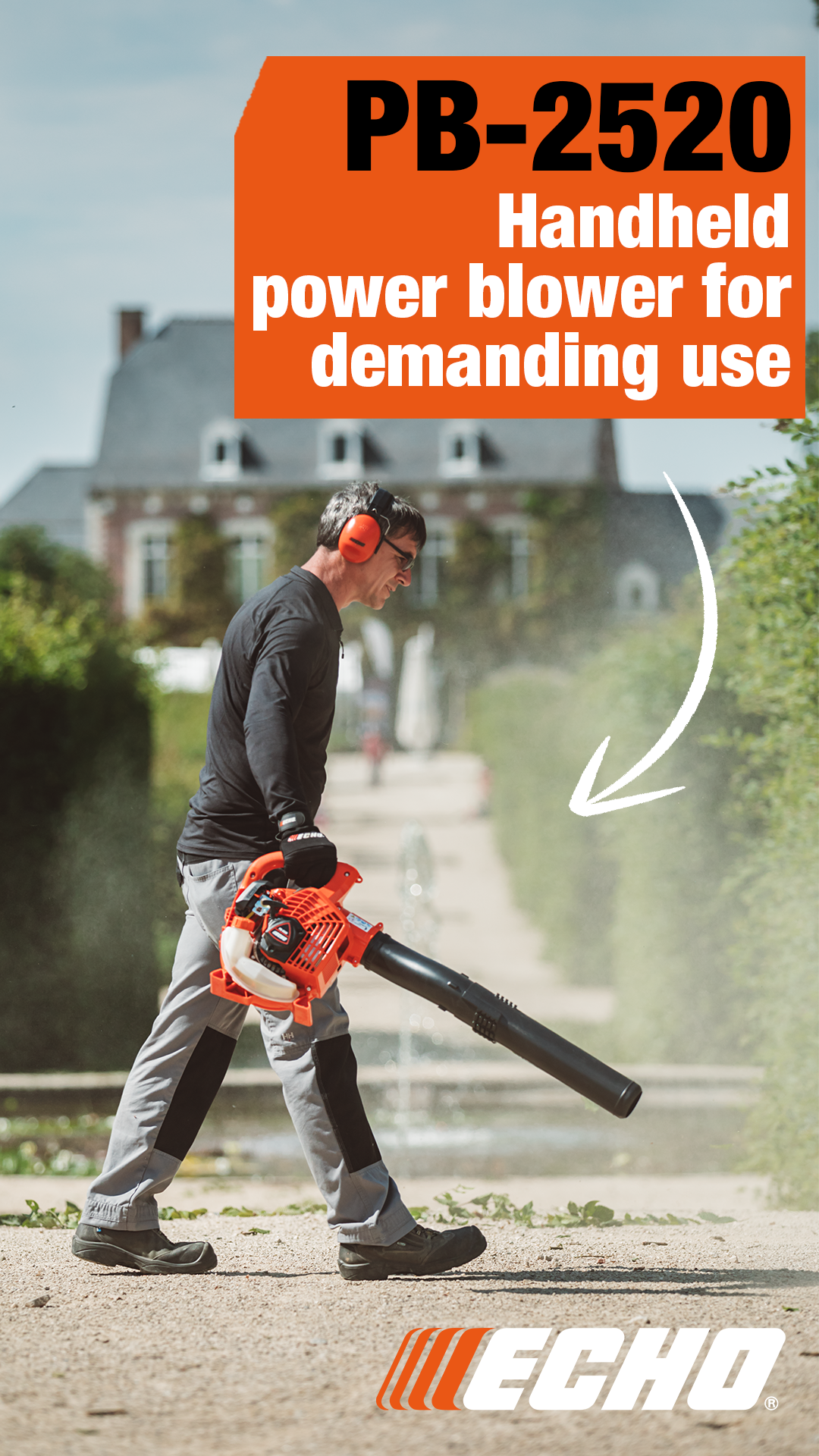 Person using an Echo PB-2520 handheld power blower in an outdoor setting