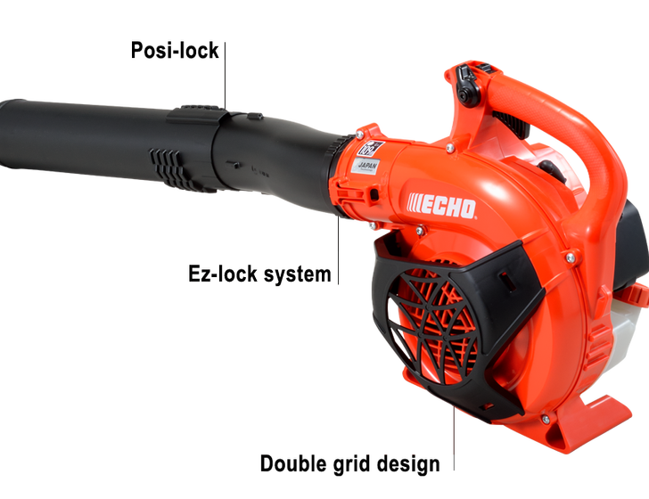 Red Echo PB-2520 leaf blower with labeled features on a white background