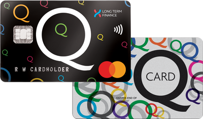 Two credit cards with 'Q' branding and Mastercard logo on a white background