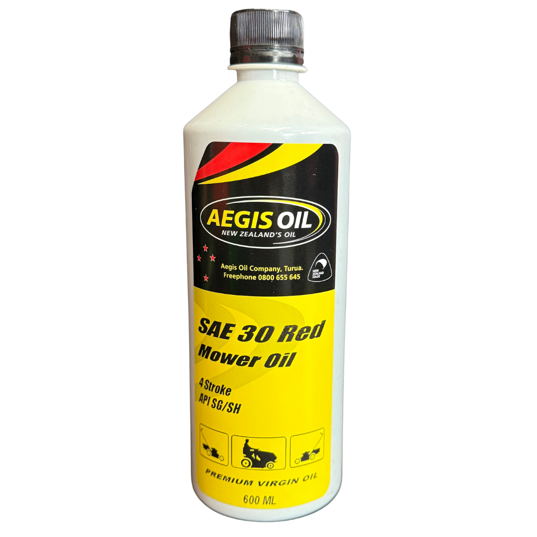 600ml Aegis Oil SAE 30 Red Mower Oil bottle on a white background
