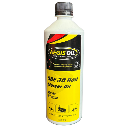 600ml Aegis Oil SAE 30 Red Mower Oil bottle on a white background