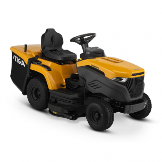 Yellow and black Stiga riding lawn mower with 38" deck and catcher on a white background