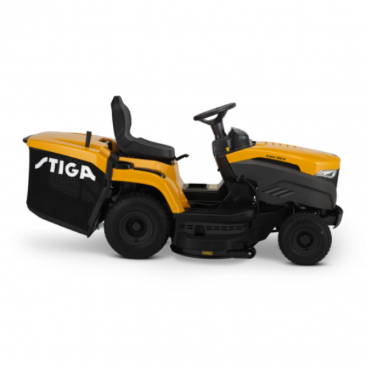 Yellow and black Stiga Estate 598W catching lawn tractor on a white background