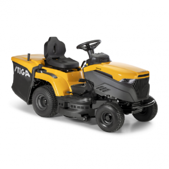 Yellow Stiga riding lawn mower with 33" deck, black seat on a white background