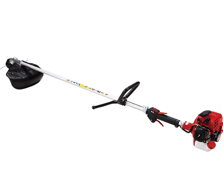 Shindaiwa T226S brushcutter with red and black color scheme, featuring an ergonomic design and a power output label.