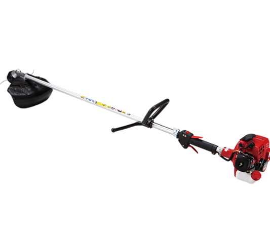 Shindaiwa T226S brushcutter with red and black color scheme, featuring an ergonomic design and a power output label.
