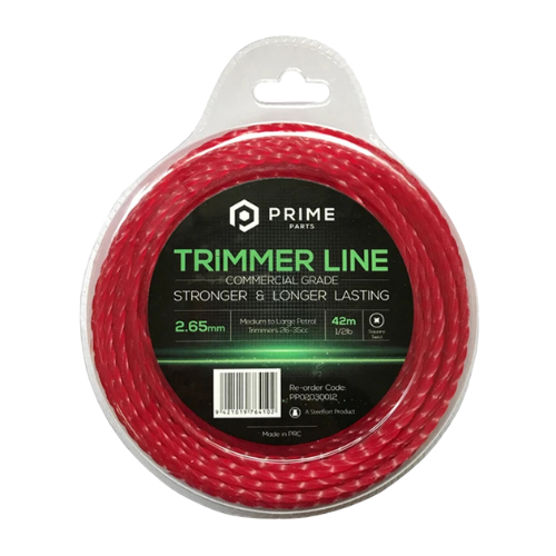 Red trimmer line with a twist, 2.65mm 42m length of line in packaging with Prime Parts packaging on a white background