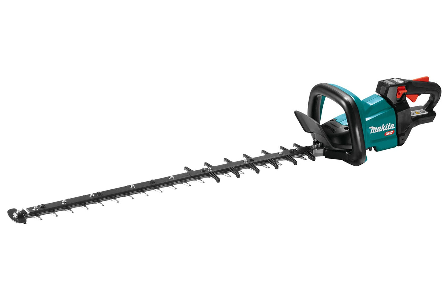 A Makita 40Vmax XGT Brushless 750mm Hedge Trimmer with a long blade and a blue and black color scheme.