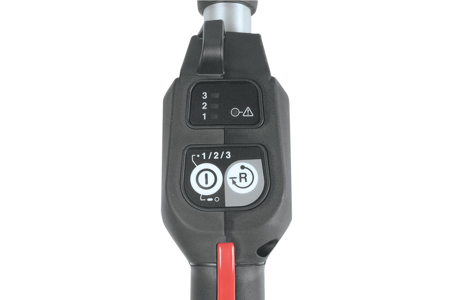 Control handle of a Makita ux001G power tool with buttons and a red accent on a white background