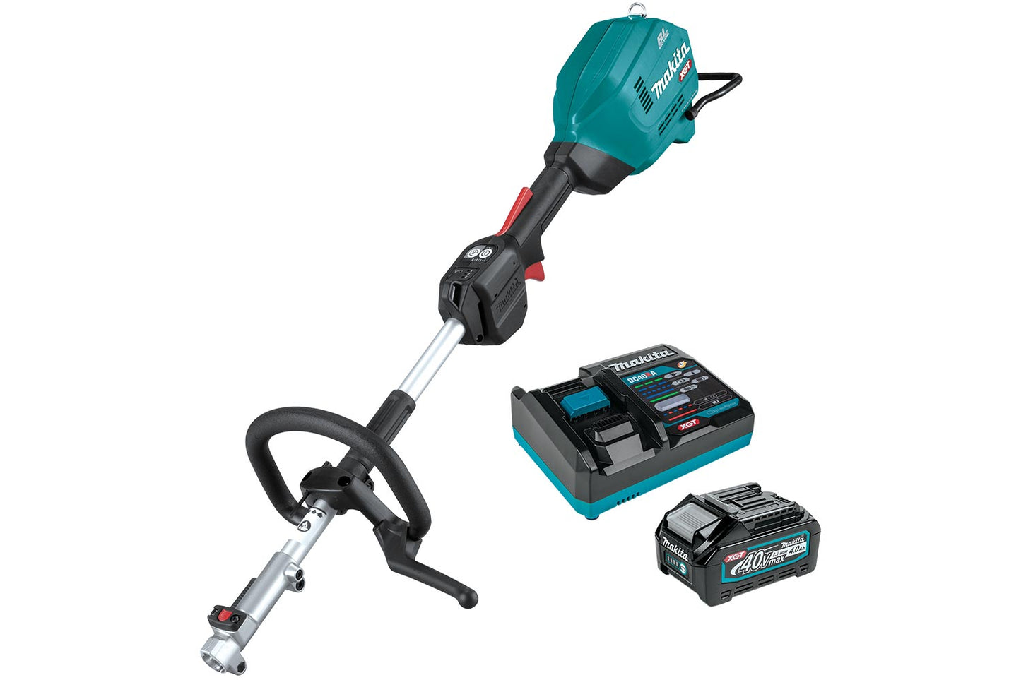 Makita UX01G multi-tool power head with battery and charger on a white background