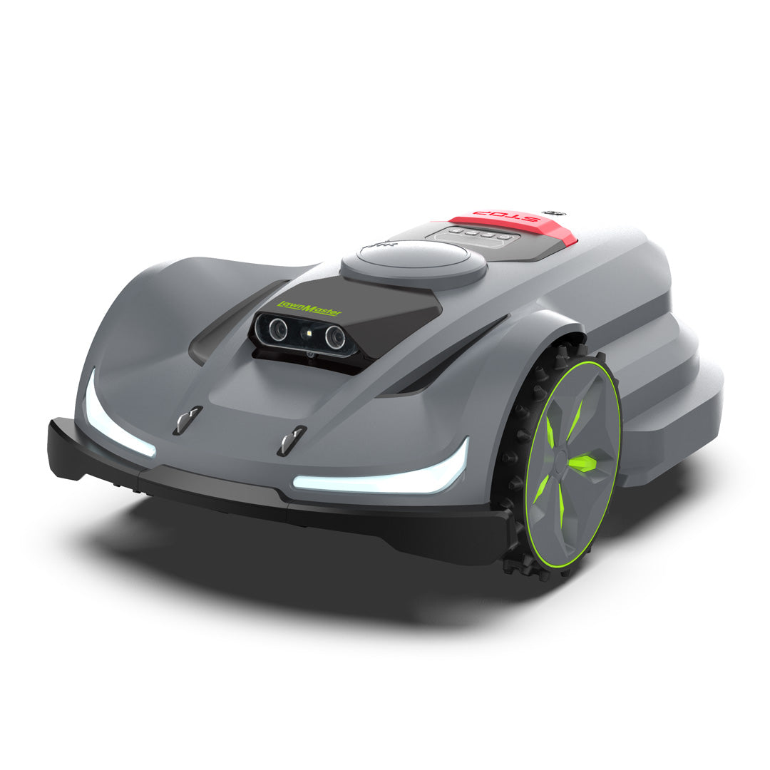 A robotic lawn mower with a dark gray body, black wheels, and bright lime green accents on the wheel spokes and front branding, shown on a clean white background.