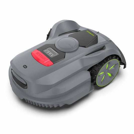 A robotic lawn mower in gray with a red button, black top panel, and green accents on the wheels, shown on a white background.