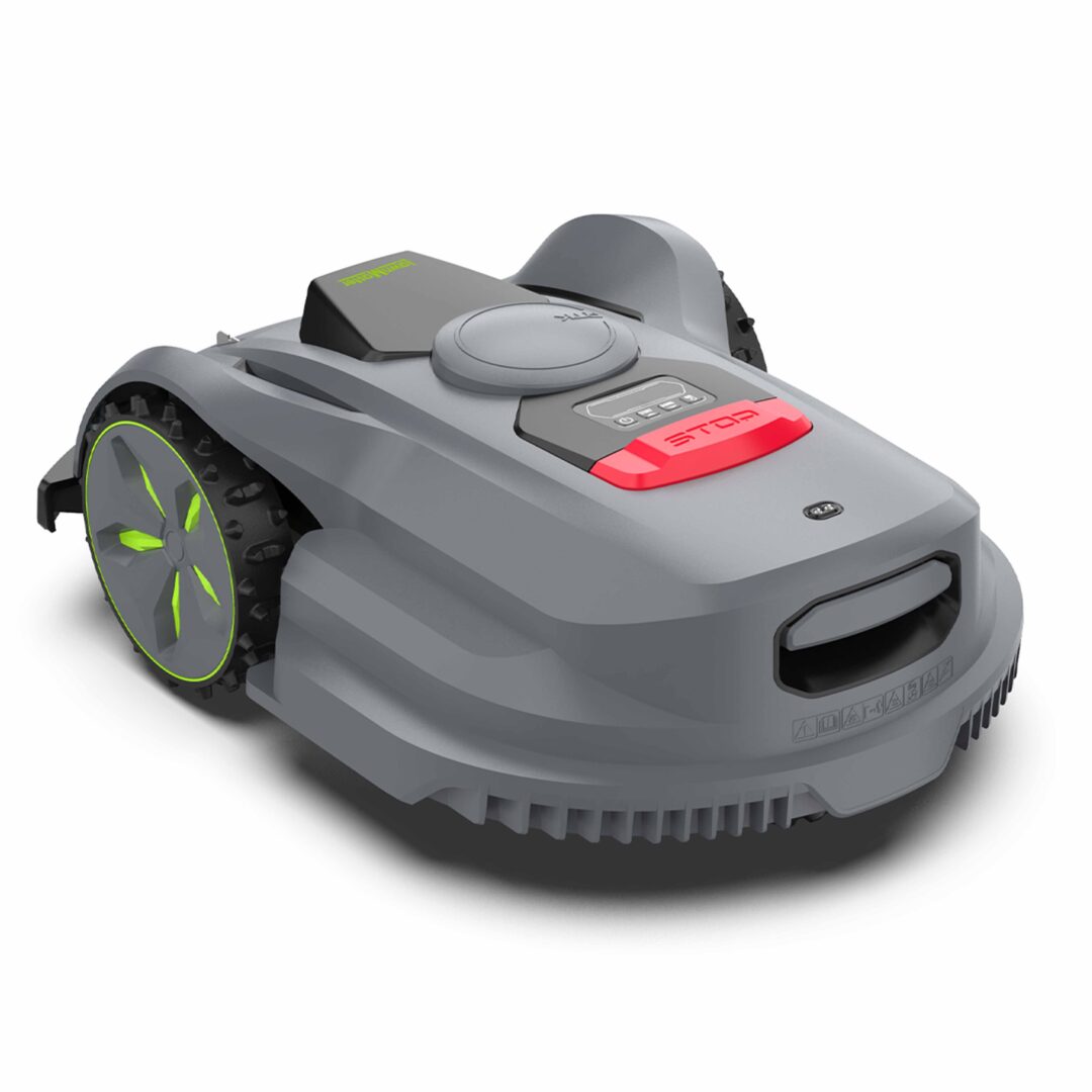 A smart robotic lawn mower in gray with black wheels and bright green accents, and a red button on top, shown on a white background.